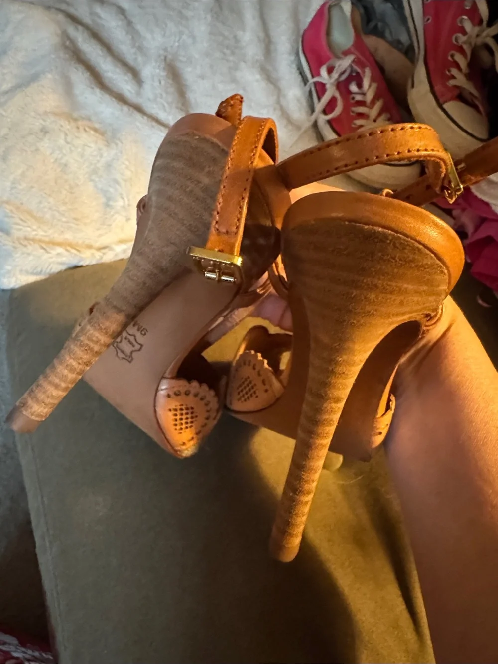 Tory Burch Tan Laser-Cut T-Strap Heels
